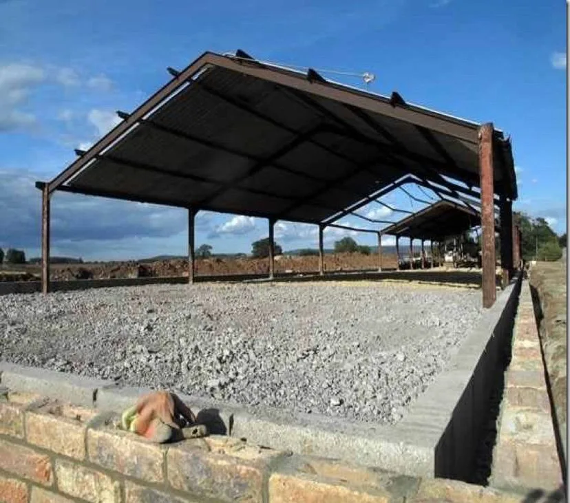 The steel frame and prepared floor at an early stage of the Thief Hall build